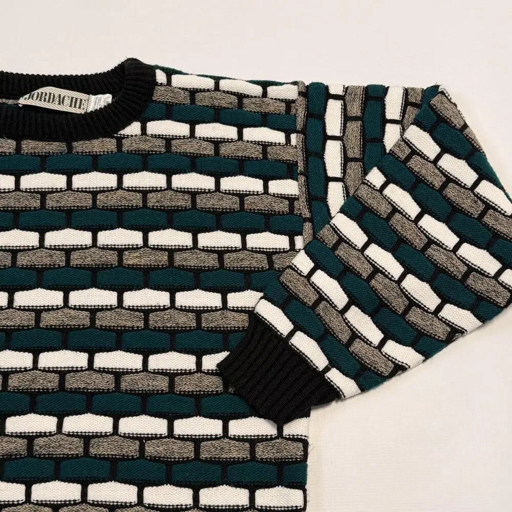 Vintage Jordache Sweater Mens Large Green Black Geometric Crewneck USA Knit 90s